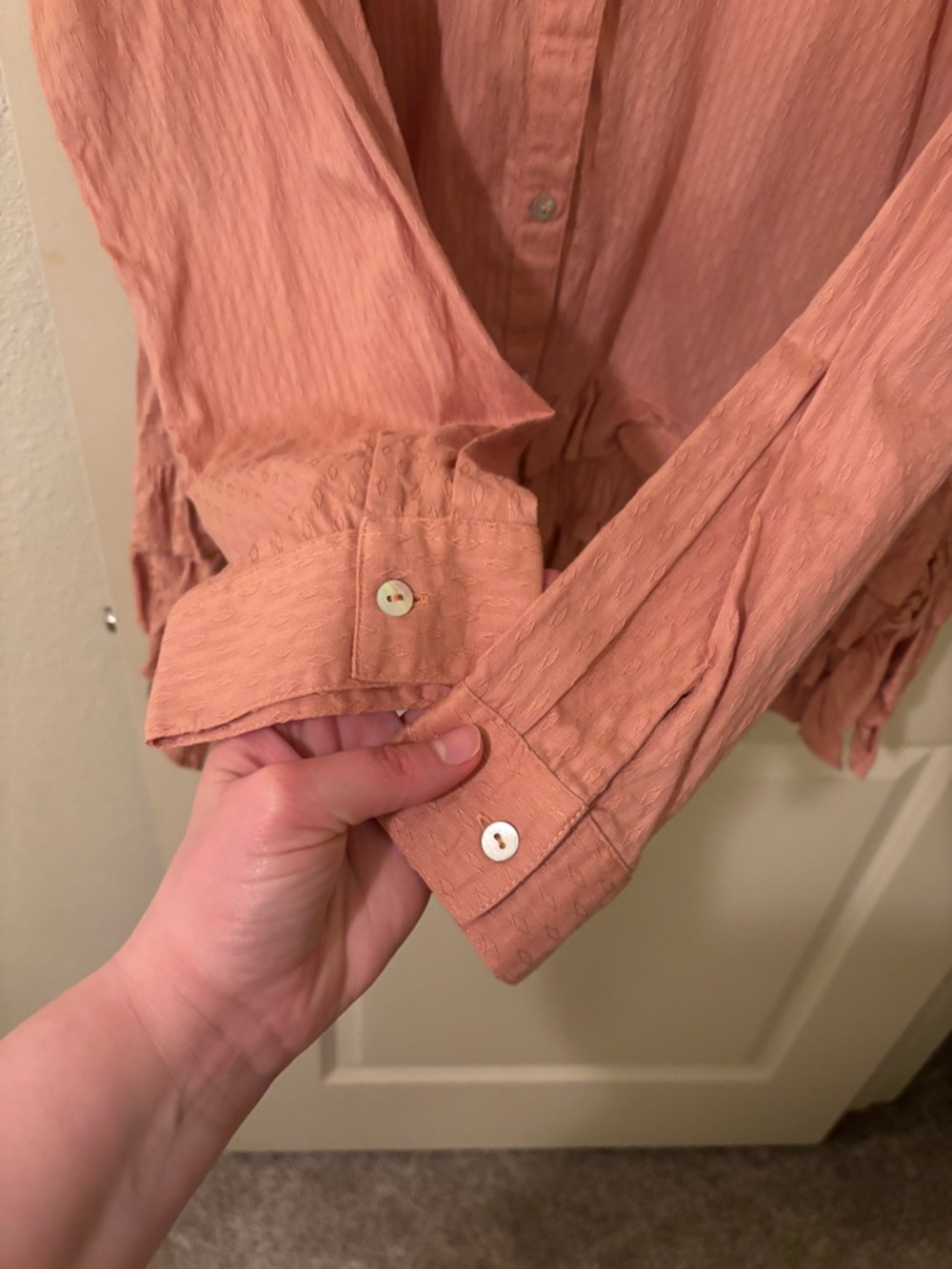 LOGO Ruffled Button-Front Blouse - Peach Pink XL - Picture 6 of 7